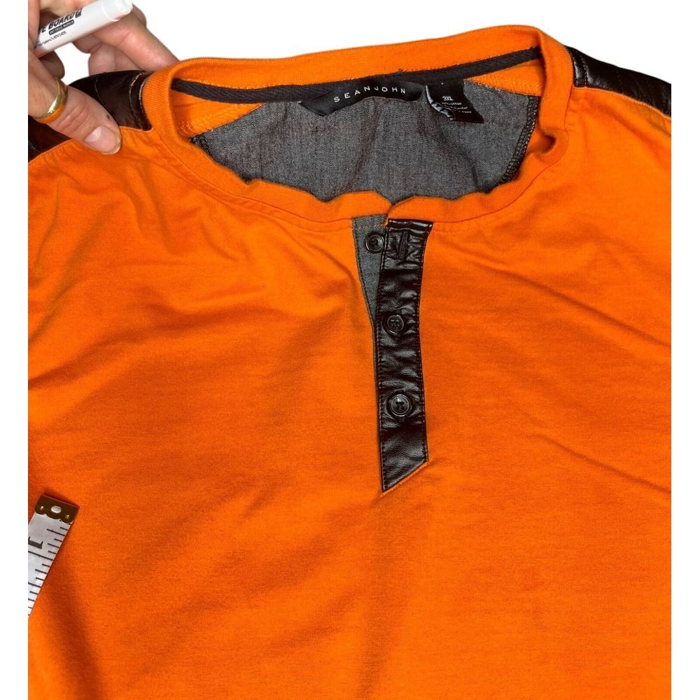 3XL Sean John Men Orange Henley Shirt Black Elbow Patch Long Sleeve Casual Wear - Picture 3 of 6